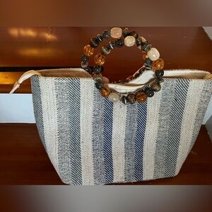 Nanette Lepore Cotton Woven Bag with Silver Metallic Thread And Beaded Handles
